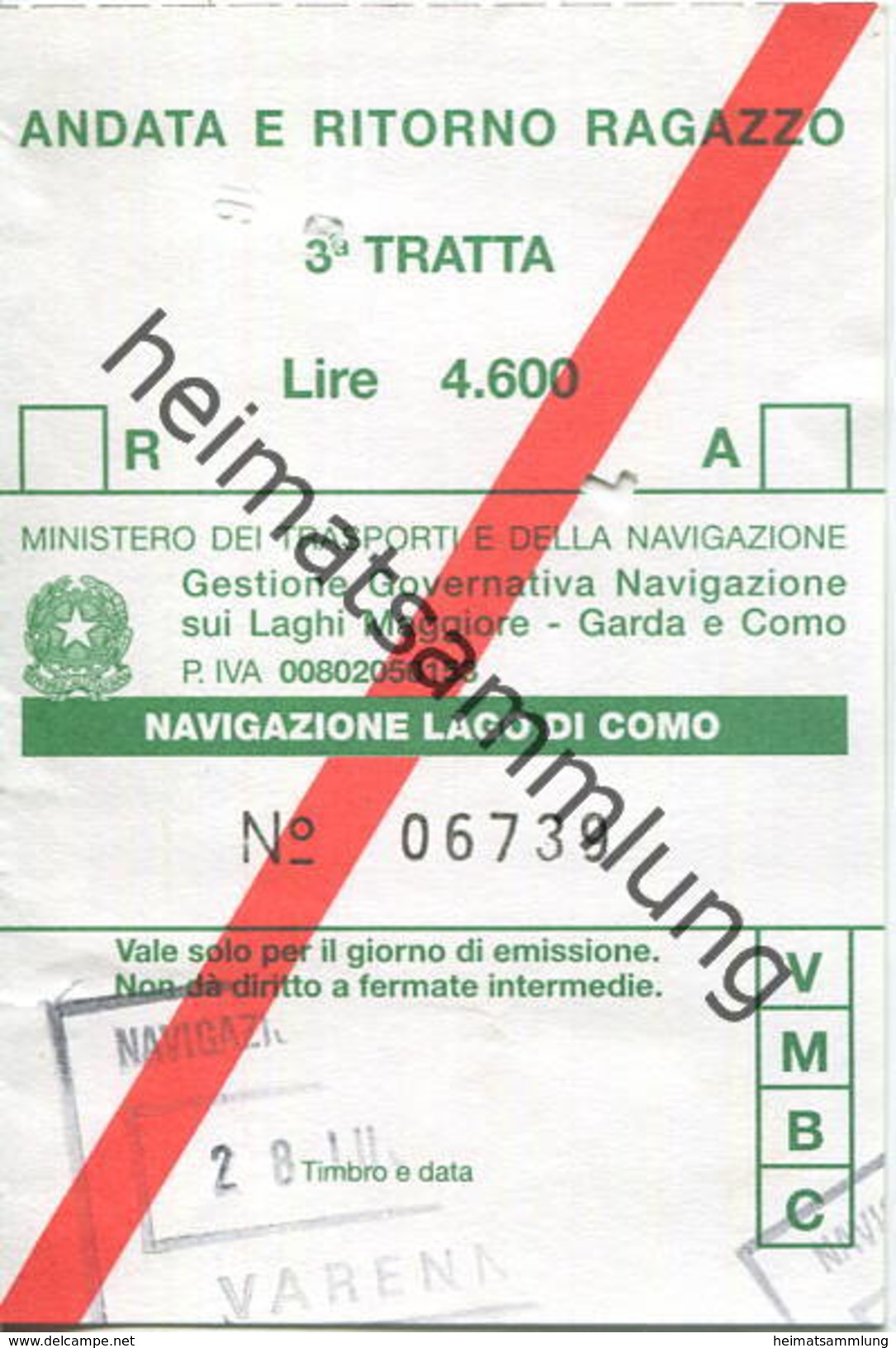 Italien - Lago Di Como - Fahrschein 1995 -  3a Tratta Lire 4.600 - Europe