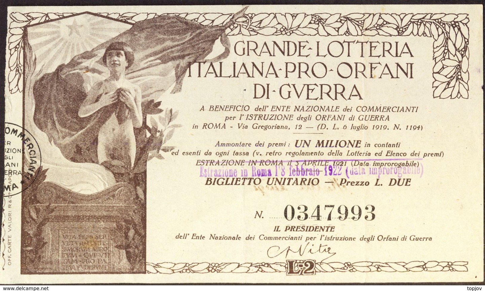 ITALIA - Biglietto Da  L.2 Della GRANDE LOTTERIA Italiana Pro Orfani Di Guerra -l 1922 - Lottery Tickets