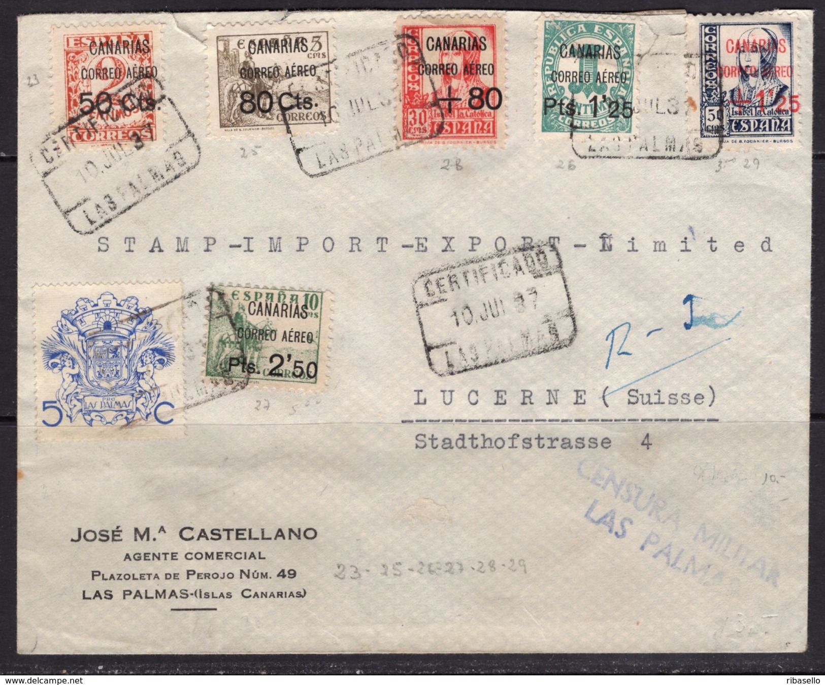 España 1937. Canarias. Carta De Las Palmas A Lucerne. Censura. - Marcas De Censura Nacional