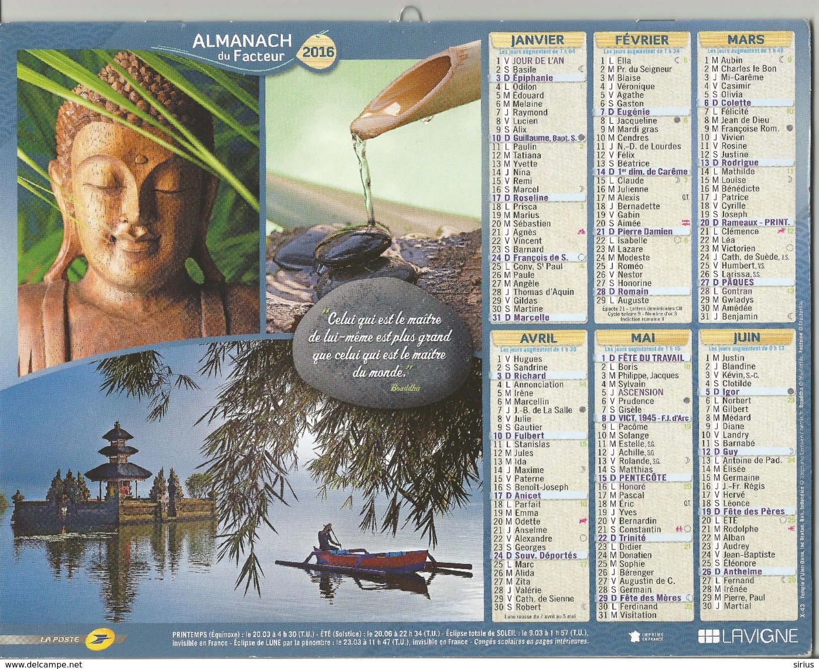 Calendrier Du Facteur 2016 - Fleur De Lotus - Temple Kinkaku De Kyoto - Bouddha - Temple D'Ulun Danu - Big : 2001-...