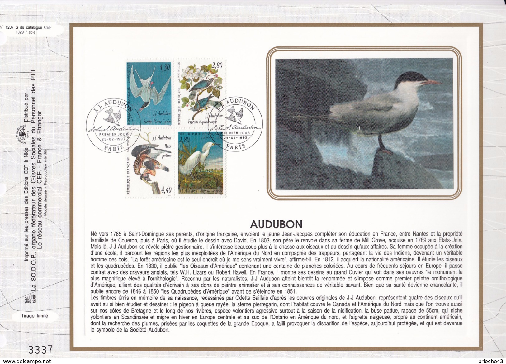 FRANCE 1995- FEUILLET CEF N°1207 -  OISEAUX - J.J. AUDUBON - OBLITERATION 1er JOUR 25.02.1995 PARIS - Altri & Non Classificati