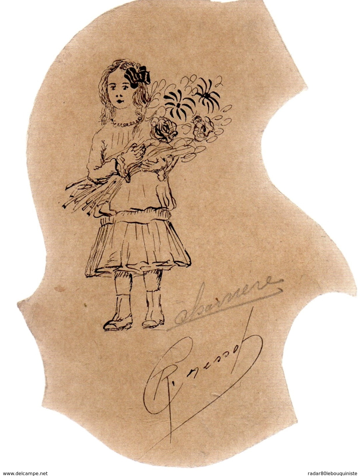 CRESSOT.Jeune Fille Au Bouquet.Plume,encre Noire.120 X 85 Mm.signature Manuscrite  à La Plume. - Dessins