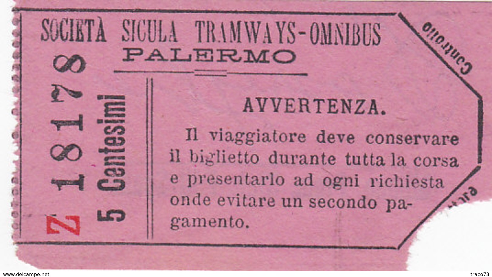 PALERMO /  SOCIETA' SICULA TRAMWAYS - OMNYBUS - Biglietto Da 5 Centesimi _ RARO - Europe