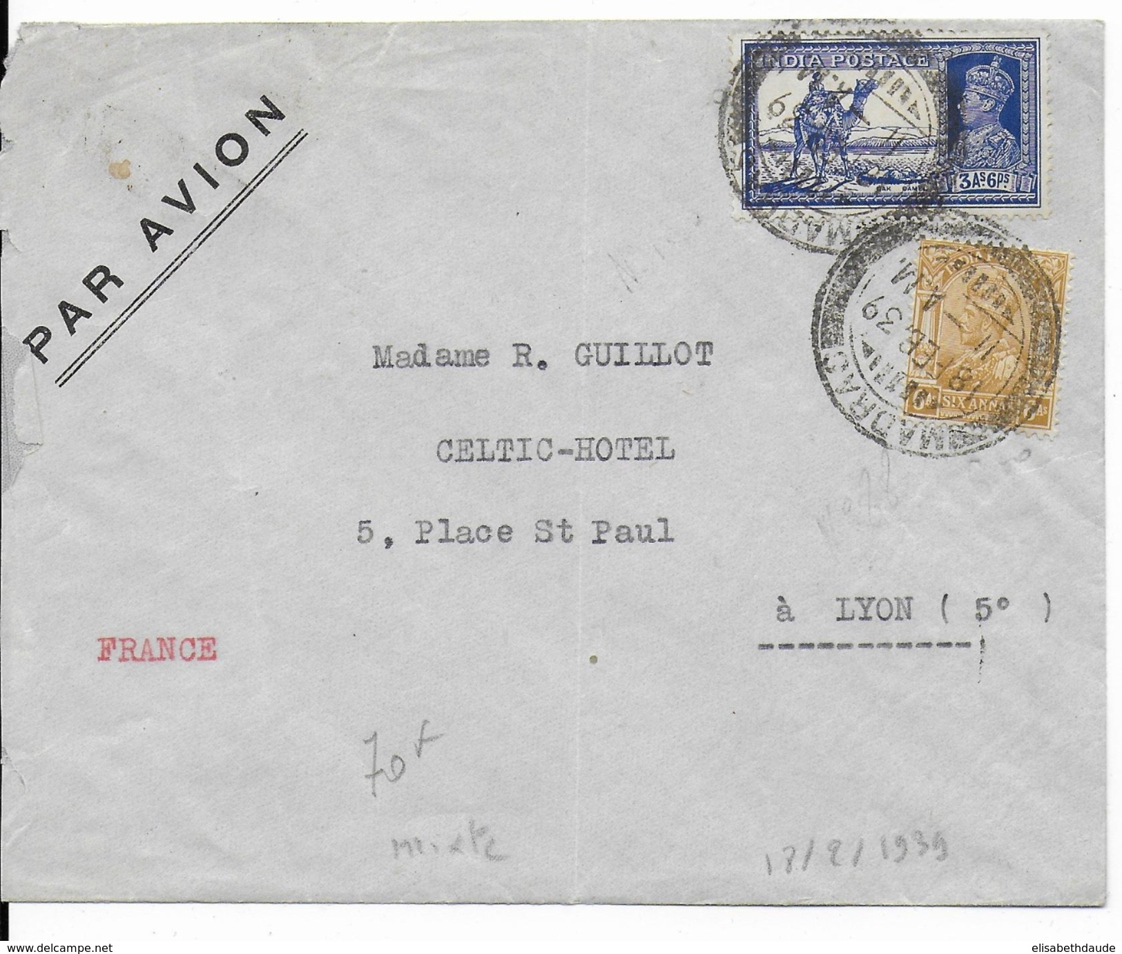 INDIA - 1939 - GEORGE V + GEORGE VI Sur ENVELOPPE Par AVION De MADRAS => LYON - 1936-47 Koning George VI