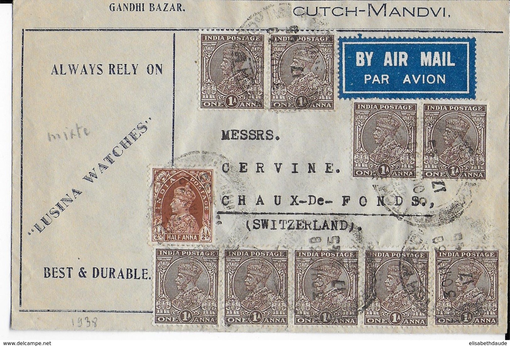 INDIA - 1938 - GEORGE V + GEORGE VI Sur ENVELOPPE PUB Par AVION De CUTCH-MANDVI => CHAUX-DE-FONDS (SUISSE) - 1936-47 Koning George VI