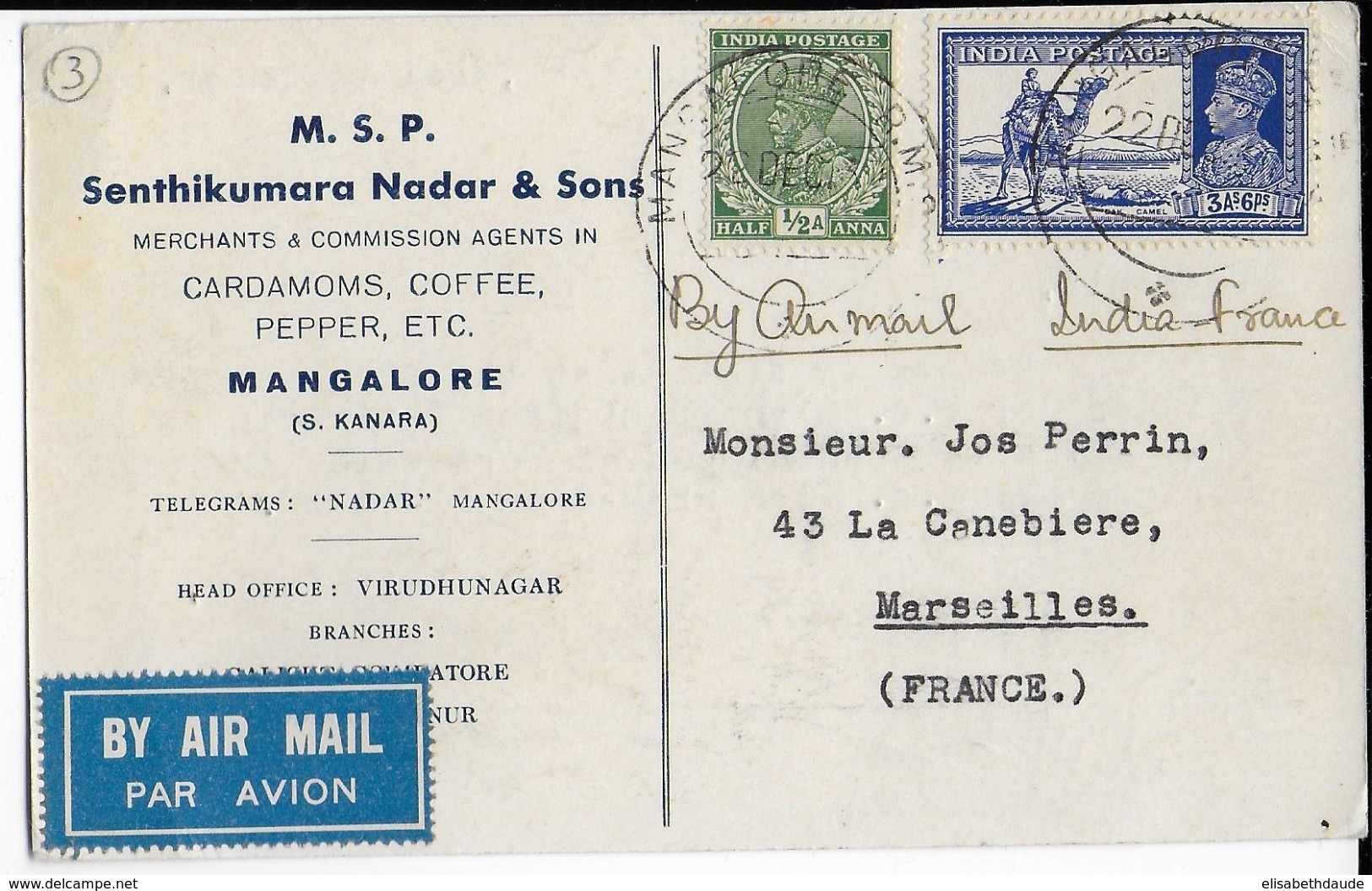 INDIA - 1937 - GEORGE VI Sur CARTE COMMERCIALE Par AVION De MANGALORE => MARSEILLE - 1936-47 King George VI