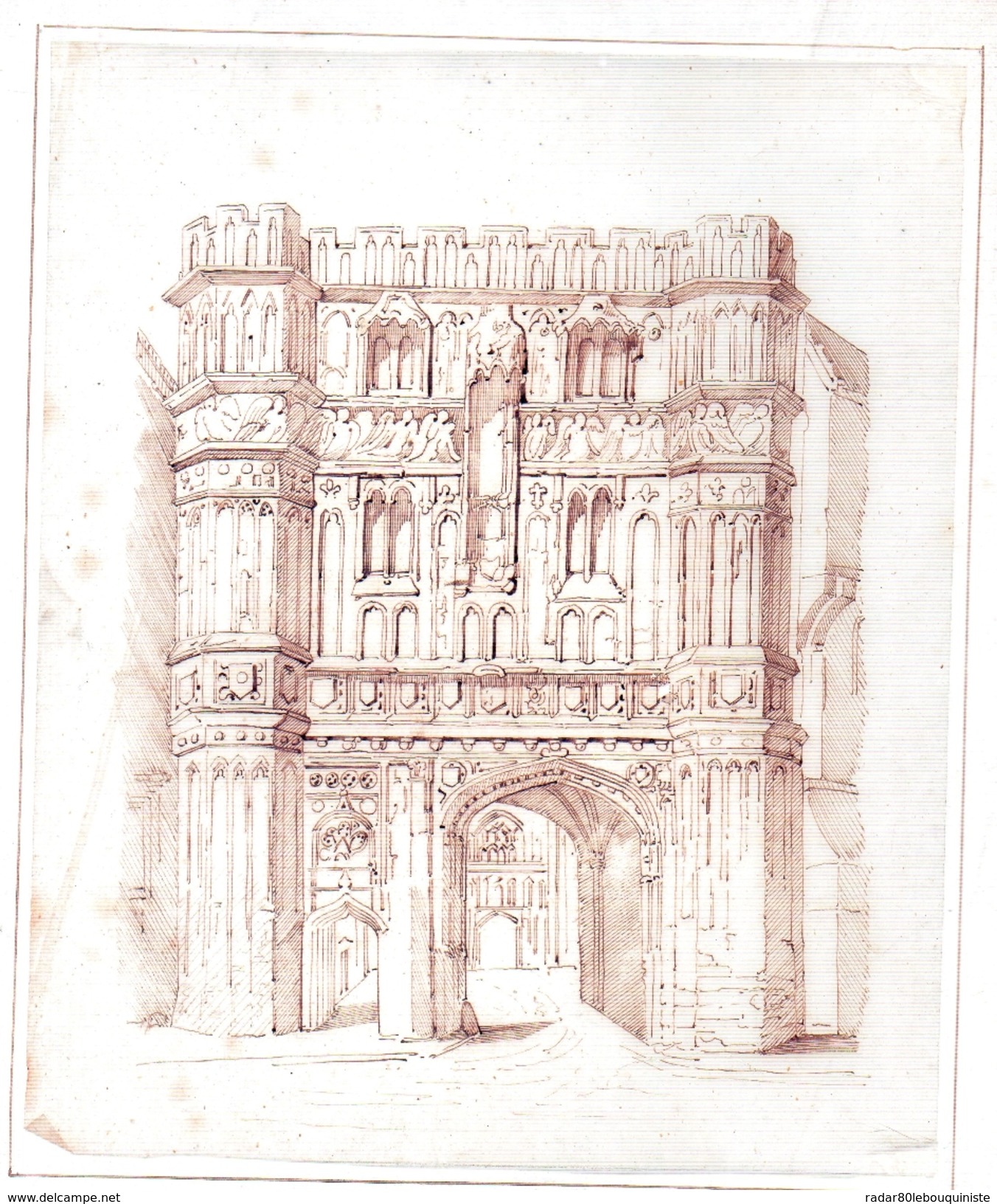 Porte De La Cathédrale De St.Augustin.Plume,encre Brune Sur Papier Calque .210 X 174 Mm. - Dessins