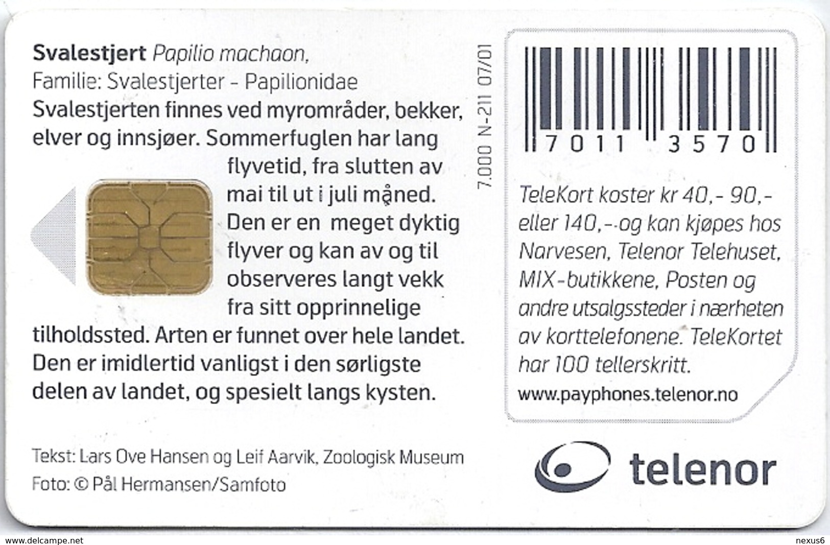 Norway - Telenor - Svalestjert Papillon Butterfly - N-211 - 07.2001, 7.000ex, Used - Noruega