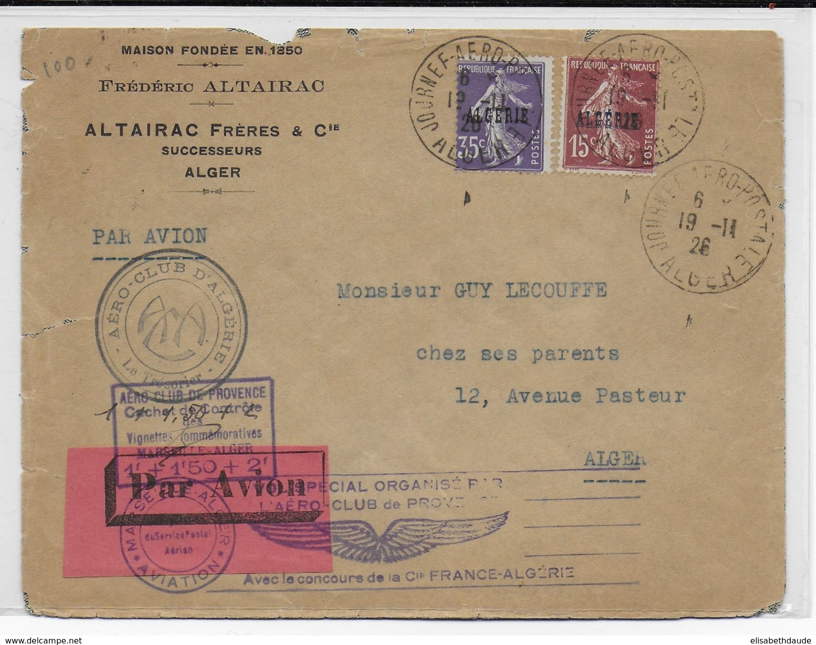 ALGERIE - 1926 - SEMEUSE SURCHARGEE Sur ENVELOPPE Par AVION De La JOURNEE AEROPOSTALE De ALGER - Lettres & Documents