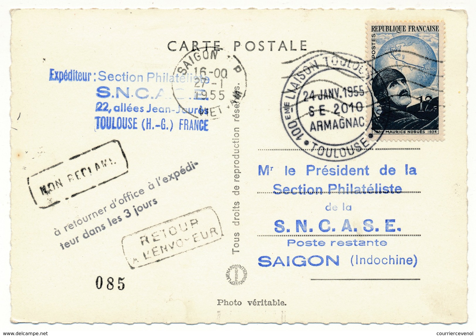 FRANCE - Carte Commémorative 100eme Liaison "Toulouse - Saïgon" 27/01/1955 - First Flight Covers