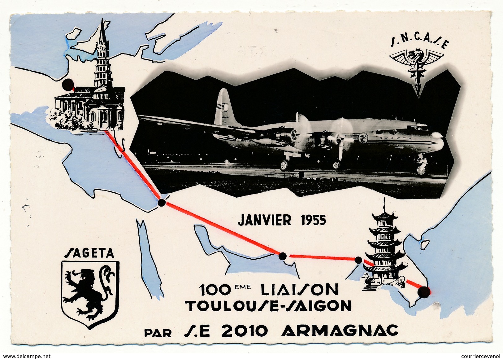 FRANCE - Carte Commémorative 100eme Liaison "Toulouse - Saïgon" 27/01/1955 - First Flight Covers