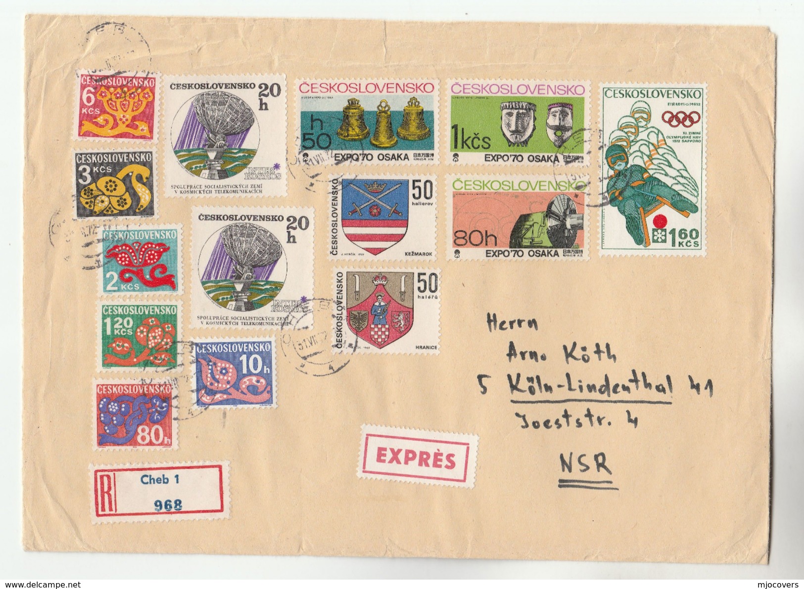 1972 REGISTERED CZECHOSLOVAKIA COVER Stamps SPACE EXPO WINTER OLYMPICS HERALDIC LION Sport Olympic Games  To Germany - Covers & Documents