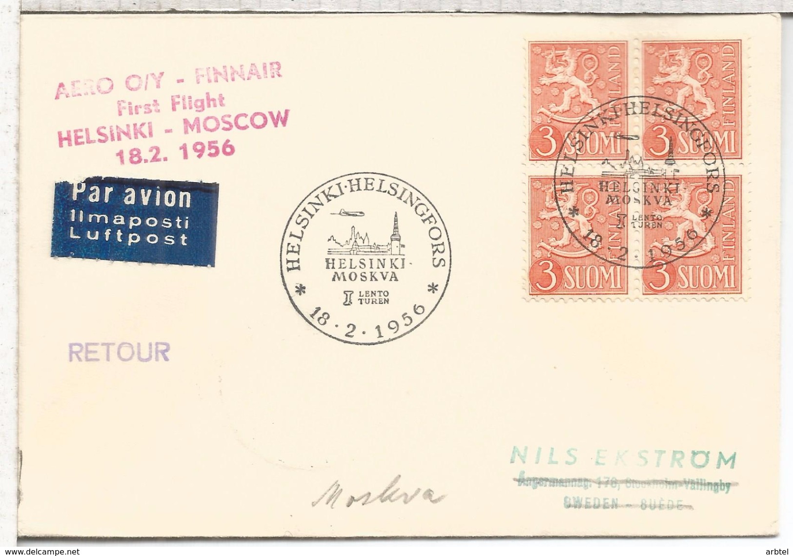 FINLANDIA CC PRIMER VUELO FINNAIR HELSINKI MOSCOW 1956 AL DORSO LLEGADA - Cartas & Documentos