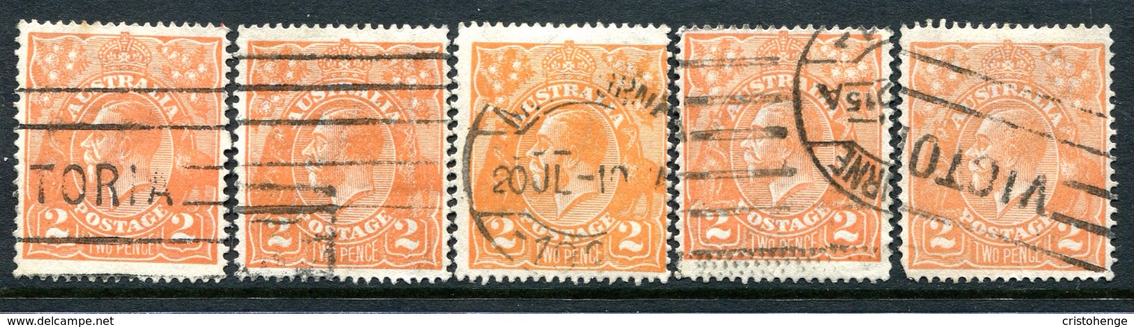 Australia 1918-23 KGV Heads (2nd Wmk.) - 2d Orange Shades Selection Used (SG 62) - Used Stamps
