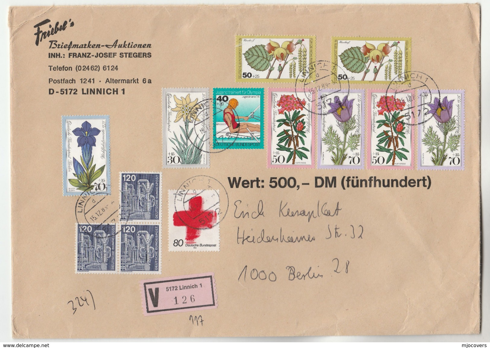 1990 REGISTERED Linnich GERMANY COVER Stamps 6 X  FLOWERS  1x ROWING 1x RED CROSS  3x CHEMICAL PLANT, Etc Flower Sport - Other & Unclassified