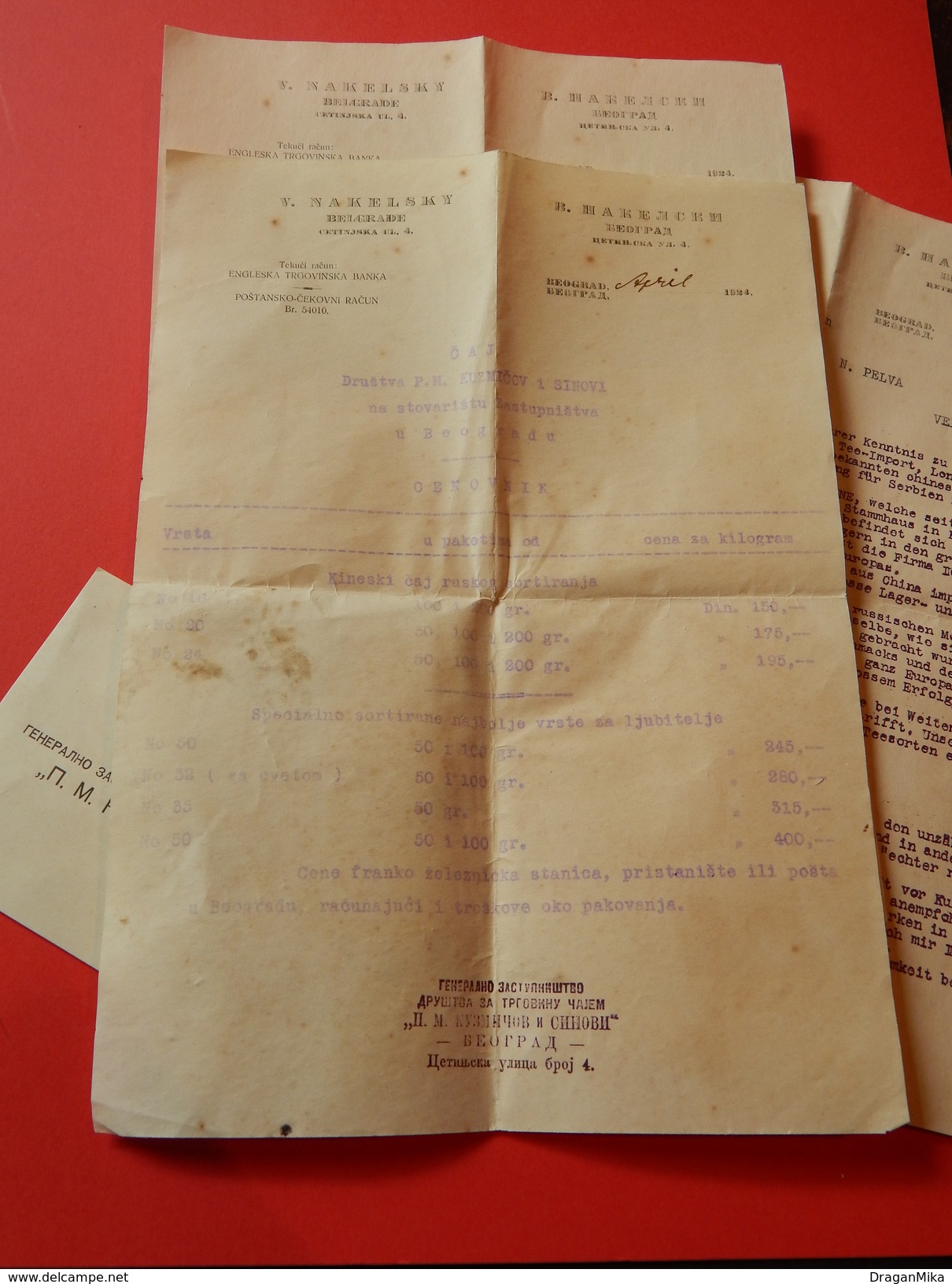 Letter General Distribution company for tea trade with the price list, in 1924.
