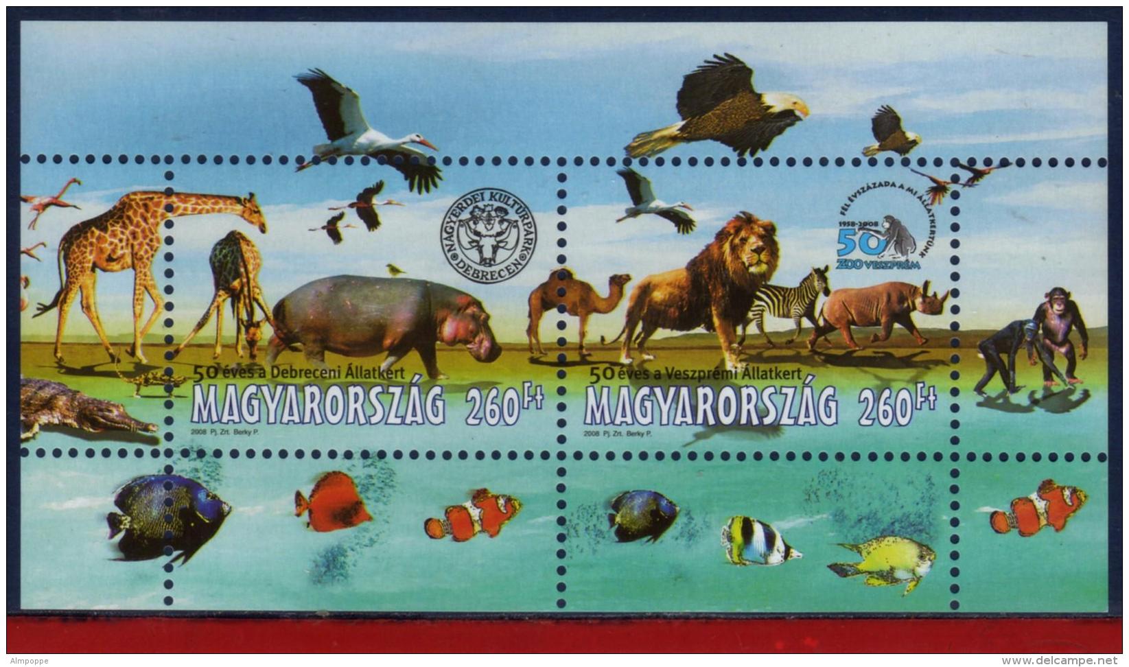 Ref. HU-V2008-3 HUNGARY 2008 ANIMALS &amp; FAUNA, ZOO, NATURE, BIRDS, FISH, CAMELS,GIRFS,MONKEYS,ZEBRA S/S MINT MNH 2V - Big Cats (cats Of Prey)