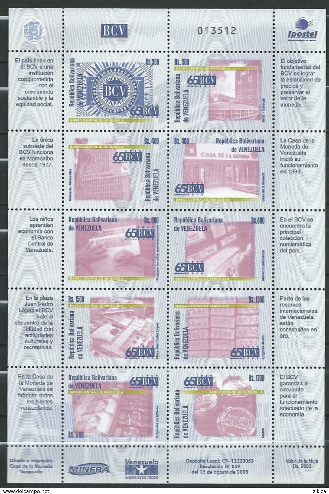 Venezuela 2005 The 65th Anniversary Of The Venezuelan Central Bank, BCV.M/S.MNH - Venezuela