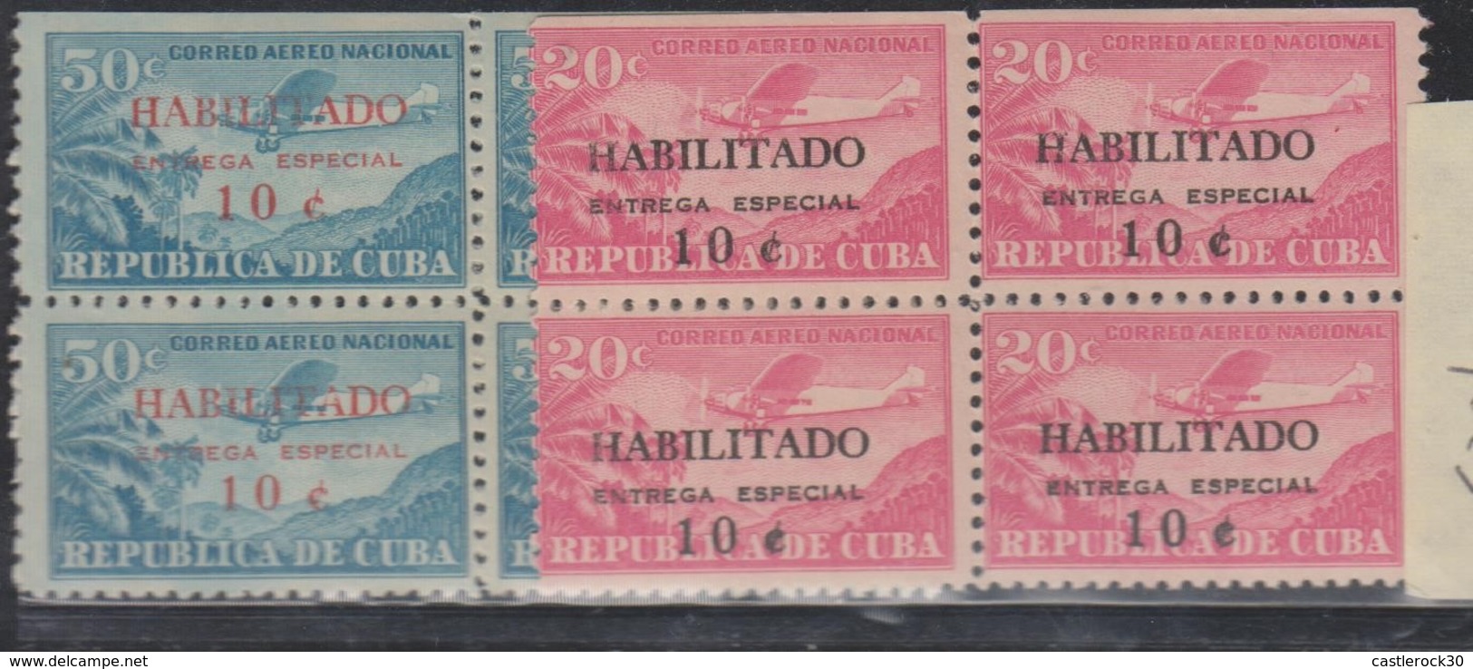 O) 1930 CUBA-CARIBE, OVERPRINT - HABILITADO ENTREGA ESPECIAL, 10 C. ON 30 C. 10 C. ON 20 C, AIRPLANE, BLUE AND RED, MNH - Ongebruikt