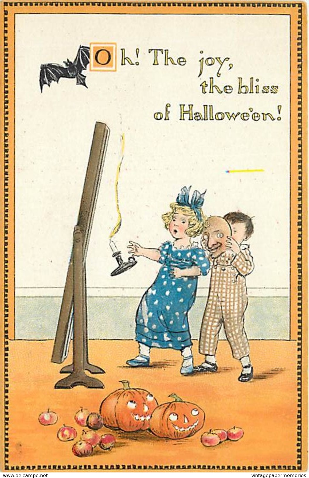 201597-Halloween, Tuck No 190-1, Boy With Mask Scaring Girl, Jack O Lanterns, Bat - Halloween