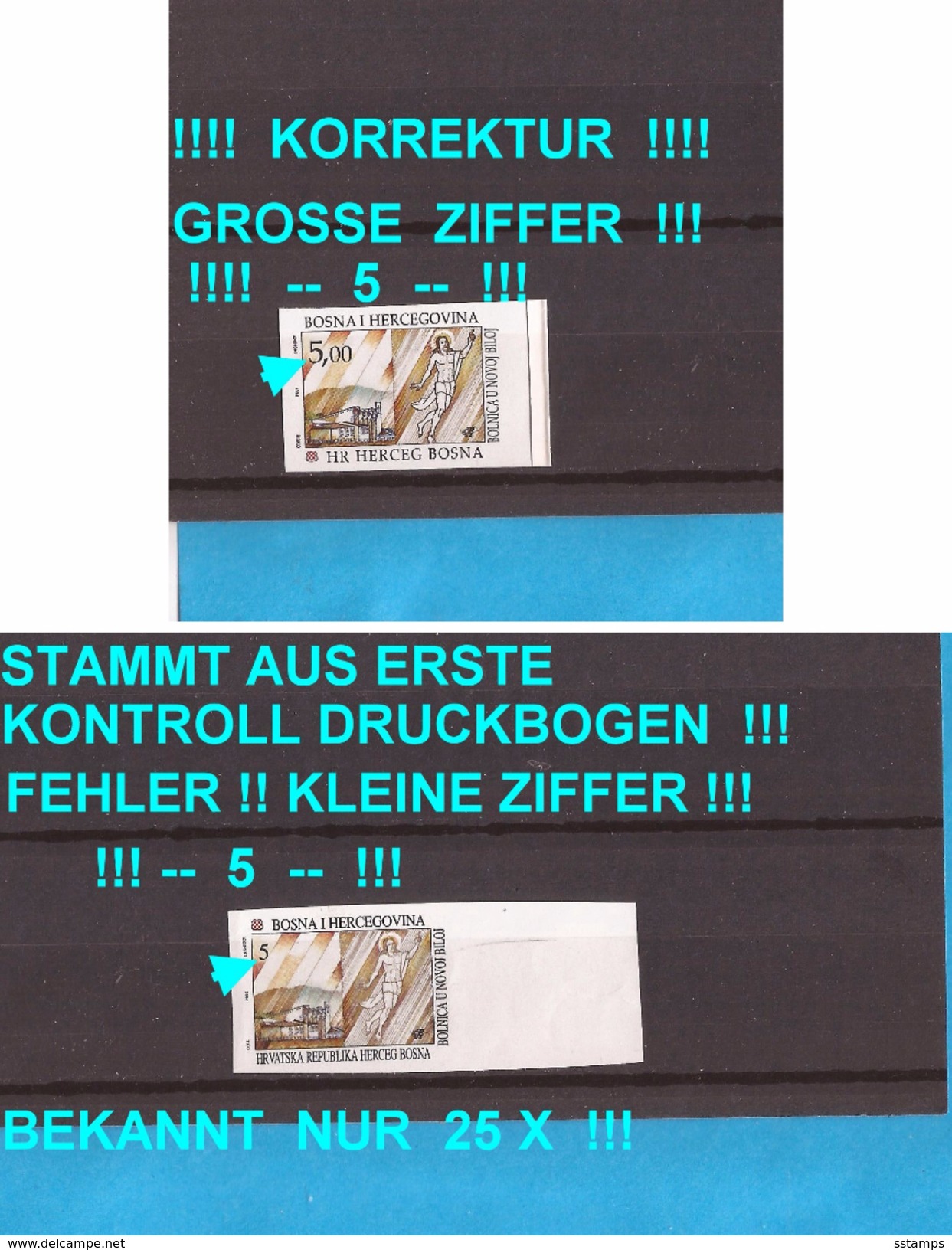 1994 20 FRANZISKANERSPITAL FUER TOP SAMMLUNG BOSNIA HERZEGOWINA MOSTAR  RRR  IMPERFORATE ERSTE DRUCK Plus Korrektur Mnh - Erste Hilfe