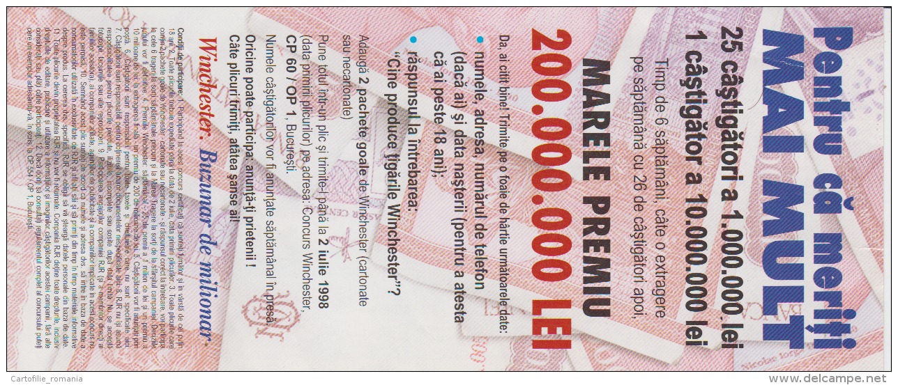 Romania - 1 Million - Winchester Bank - Cigarettes Advertising Bill - 1998 - Promotion - Advertisement 215x90 Mm - Rumänien