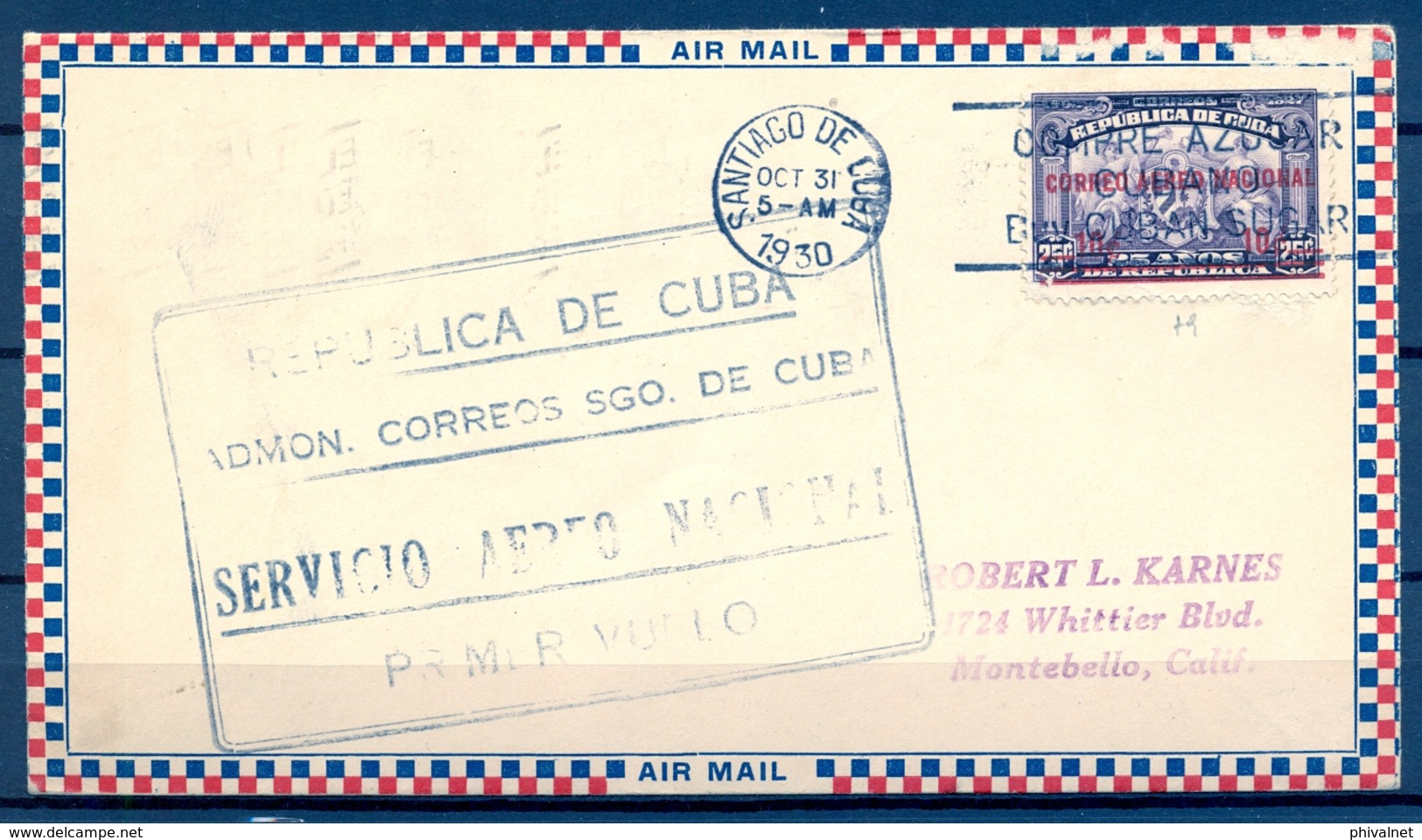 1930 , CUBA , PRIMER VUELO SANTIAGO DE CUBA - LA HABANA , YV. 3 , SERVICIO AÉREO NACIONAL , LLEGADA - Lettres & Documents