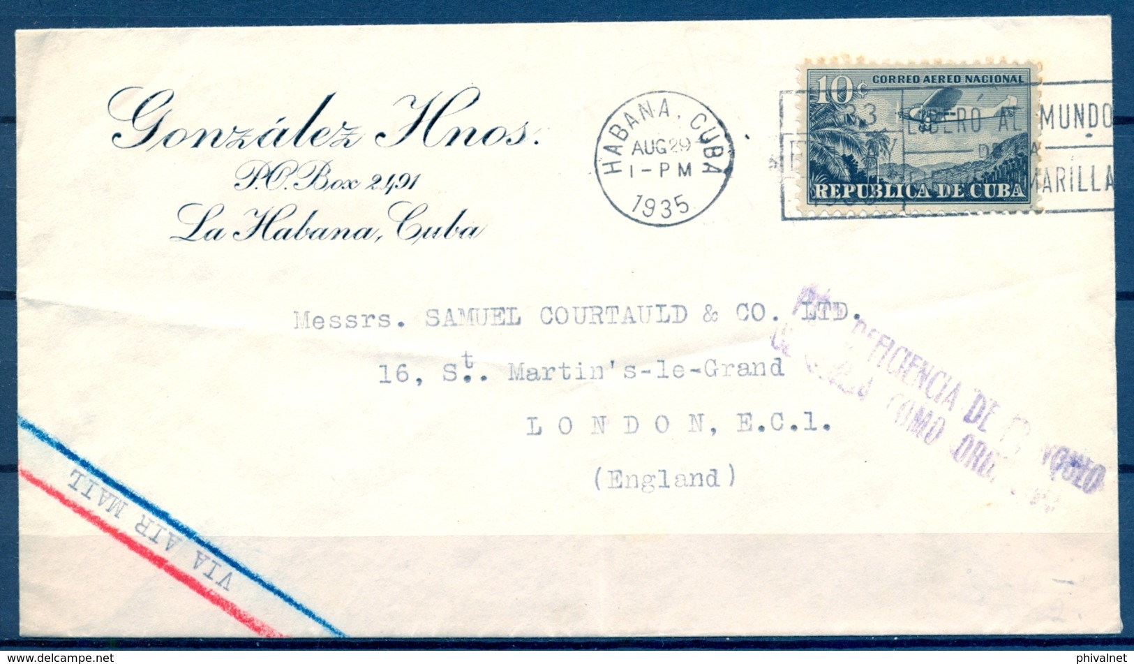 1935 , CUBA , LA HABANA , LONDRES , POR INSUFICIENCIA DE FRANQUEO SE CURSA COMO ORDINARIO - Covers & Documents