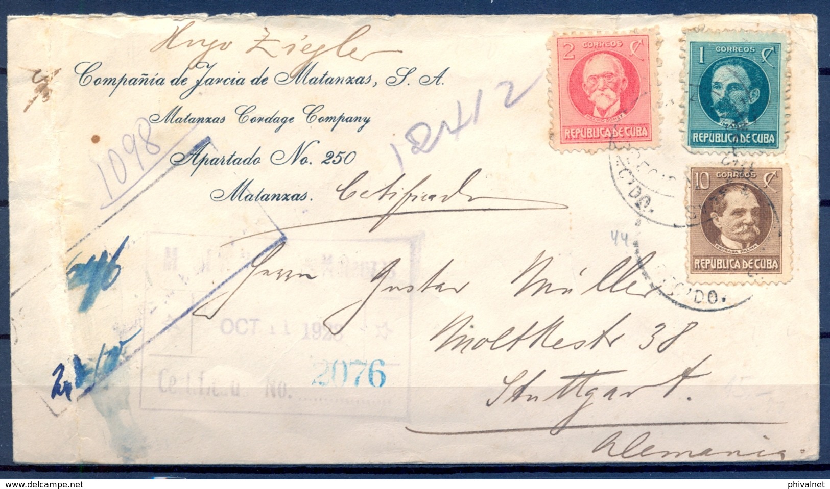 1928 , CUBA , CERTIFICADO MATANZAS - STUTTGART , TRANSITO Y LLEGADA AL DORSO , YV. 175 , 176 , 180 - Brieven En Documenten