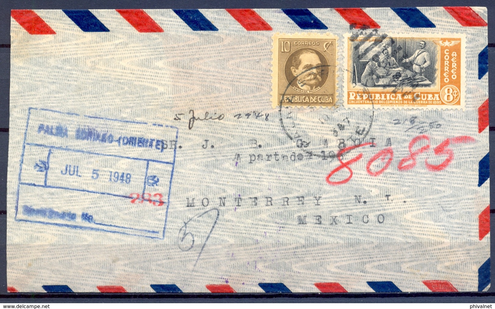 1948 , CUBA , PALMA SORIANO ( ORIENTE ) - MONTERREY , SOBRE CERTIFICADO , TRANSITO , LLEGADA , YV. 180 , AER. 39 - Covers & Documents