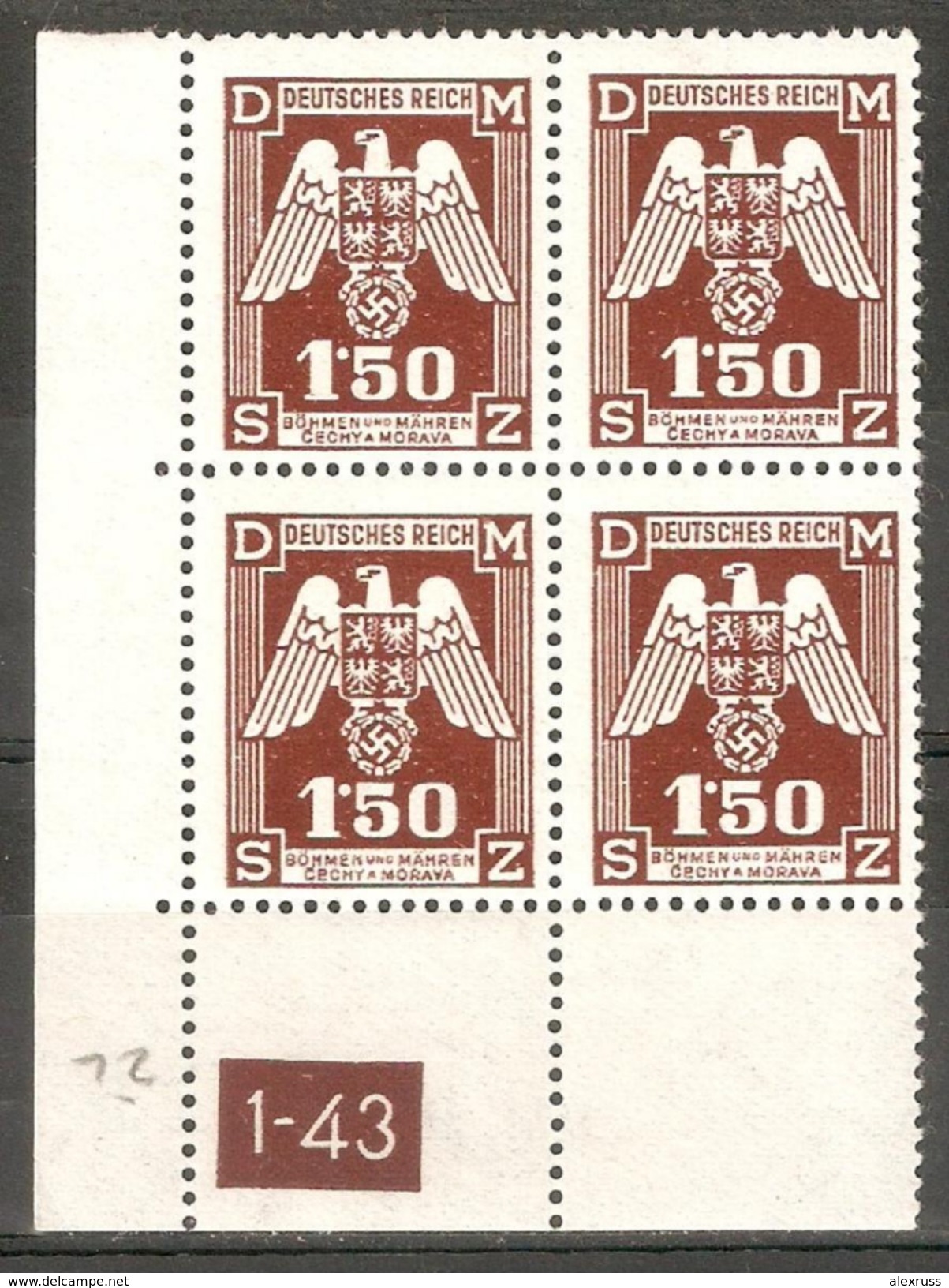 Bohemia & Moravia 1943,German Occupation 1.50K Sc O20,Mi20 Plate Block,VF MNH** - Occupation 1938-45