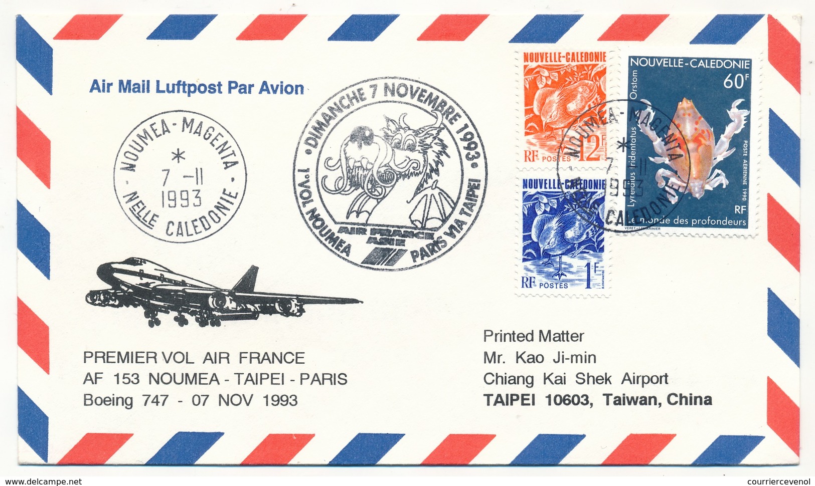 Enveloppe -  Premier Vol "Nouméa - Paris Via Taipei" Par Boeing 747 - Nouméa Magenta 7/11/1993 - Covers & Documents