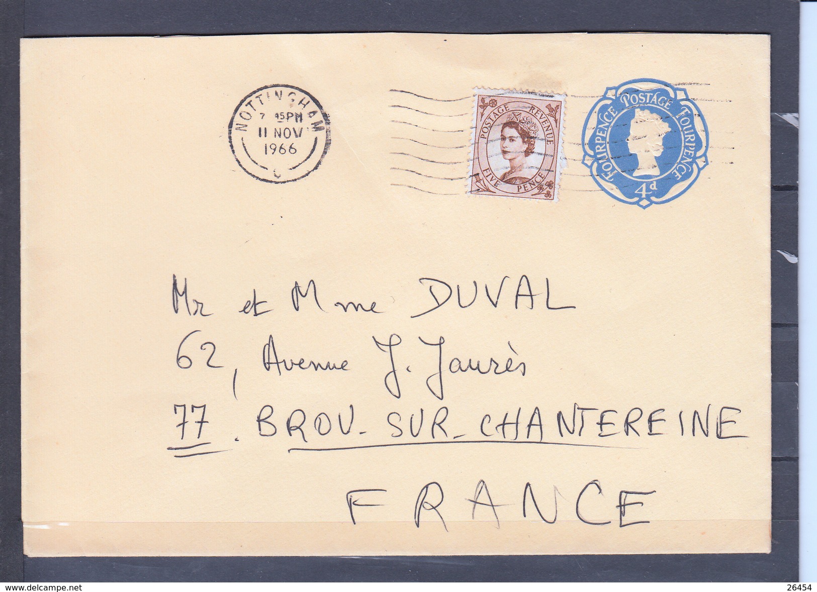 ENTIER  4d +  Timbre Five Pence Brun  Sur Lettre De NOTTINGHAM Le II NOV 1966   Pour 77 BROU SUR CHANTEREINE - Interi Postali