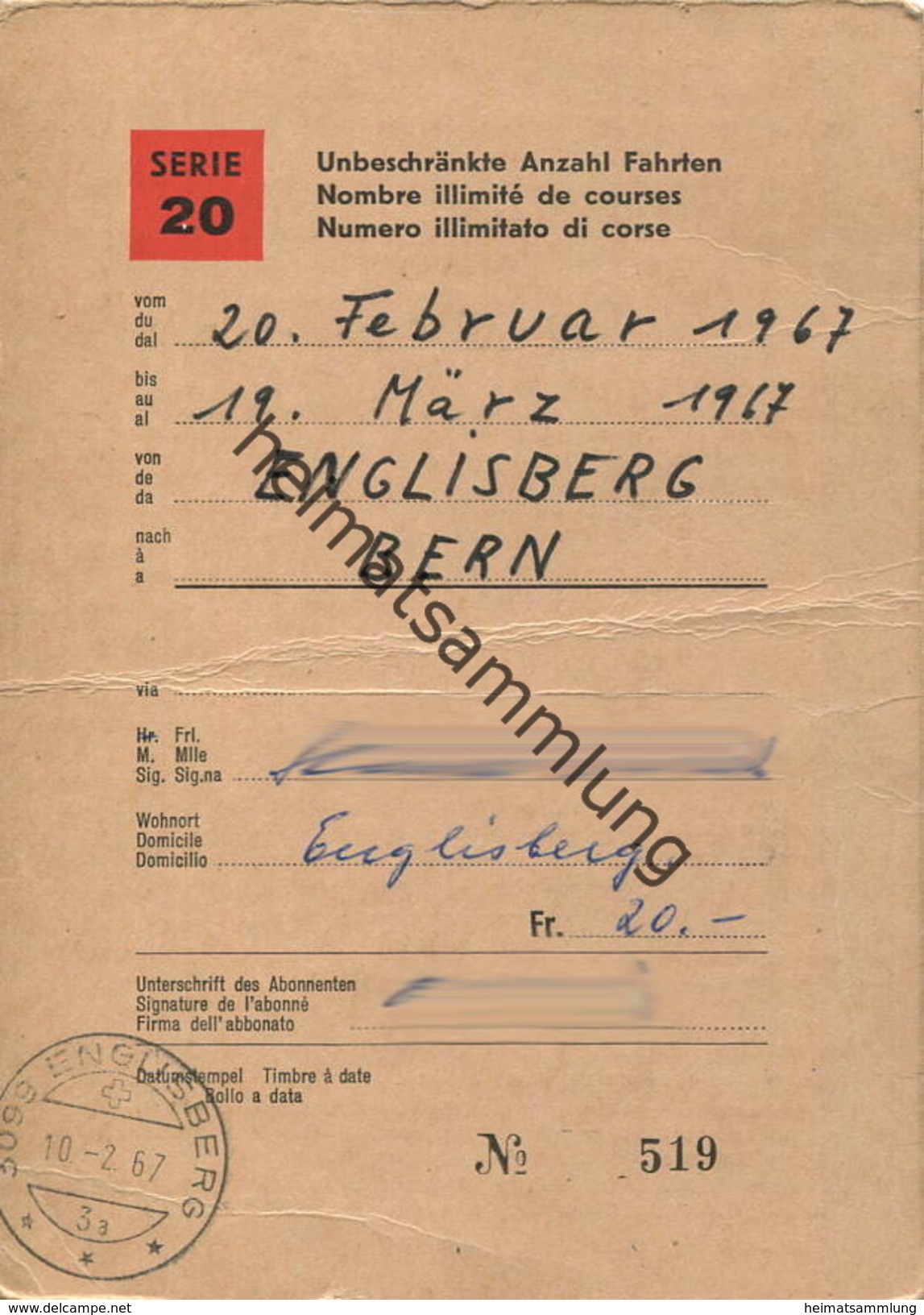 Schweiz - SBB - Schüler- Und Lehrlingsabonnement Serie 20 - Englisberg Bern 1967 - Unbeschränkte Anzahl Fahrten - Europa