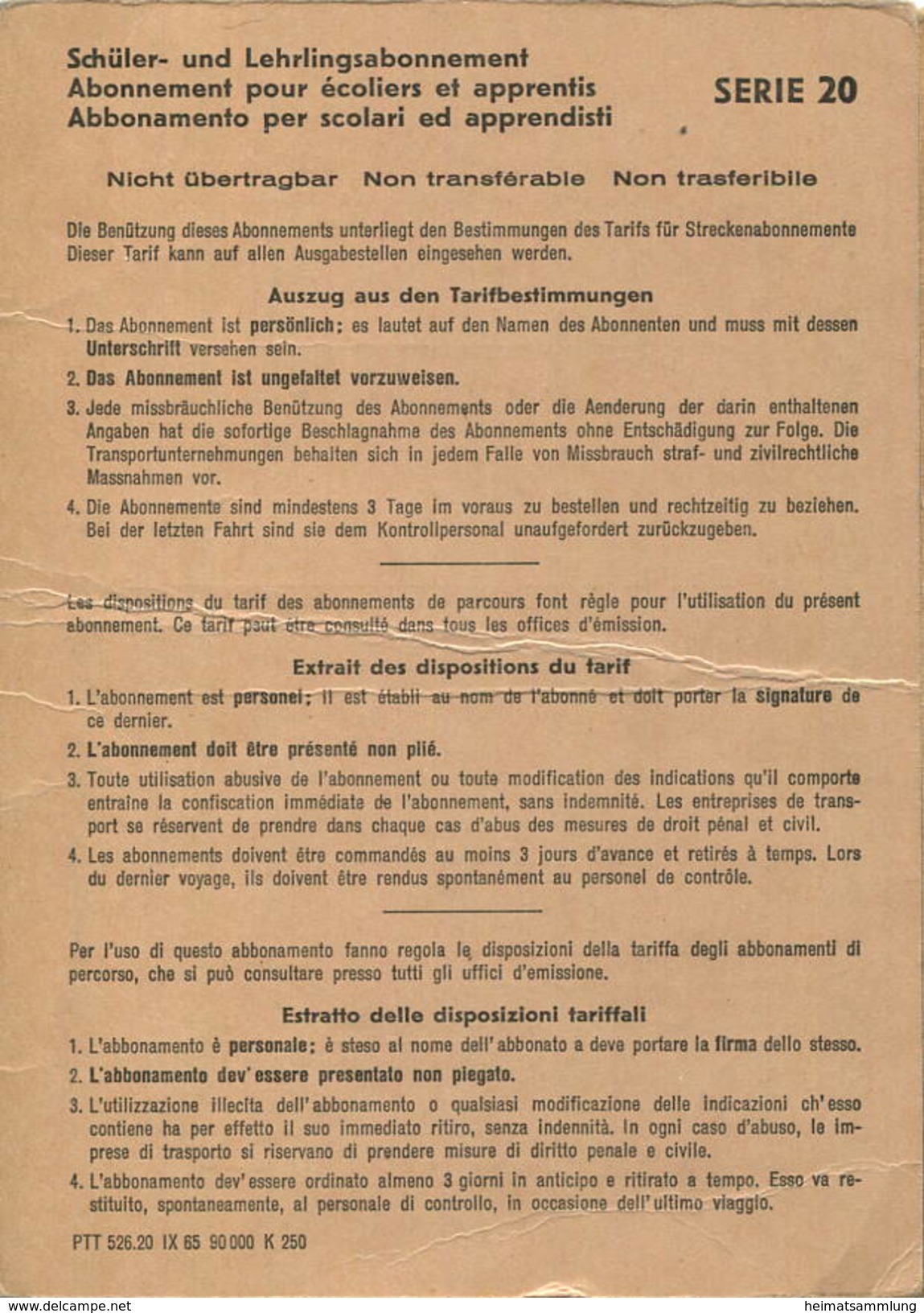 Schweiz - SBB - Schüler- Und Lehrlingsabonnement Serie 20 - Englisberg Bern 1967 - Unbeschränkte Anzahl Fahrten - Europe