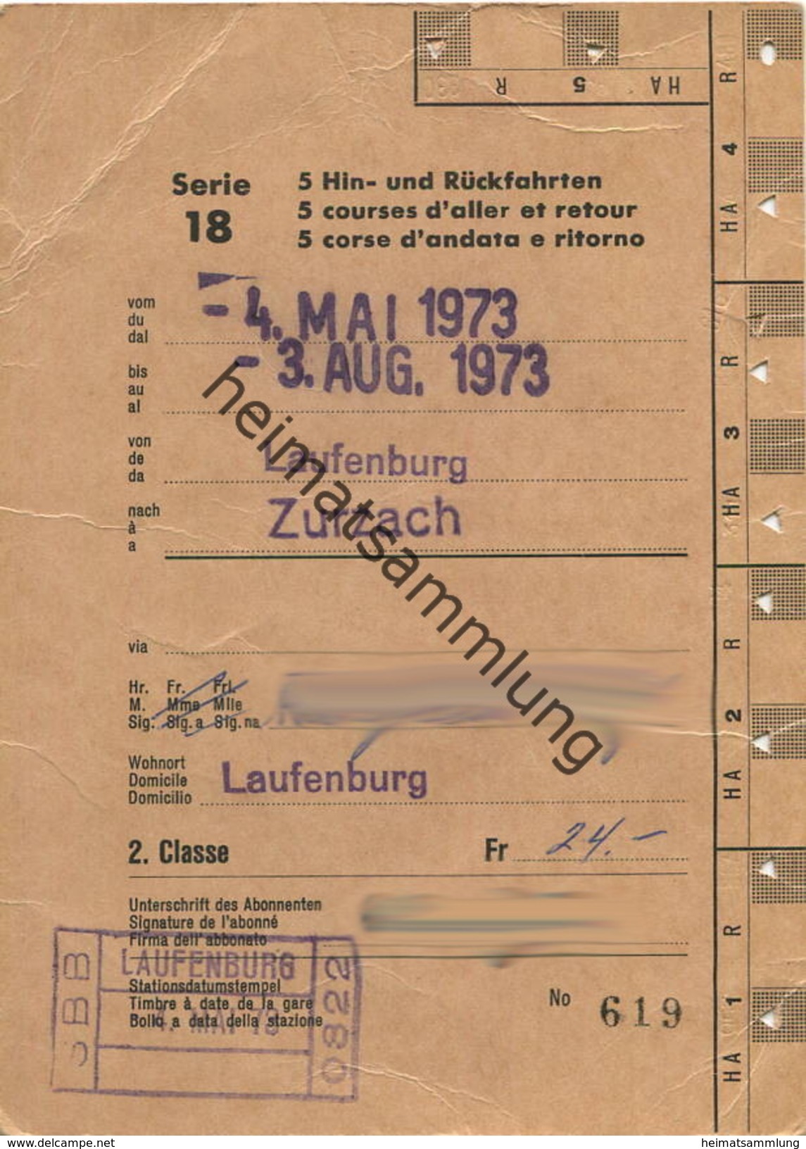 Schweiz - SBB - Allgemeines Abonnement Serie 18 5 Hin- Und Rückfahrten - Laufenburg Zurzach 1973 - Europa