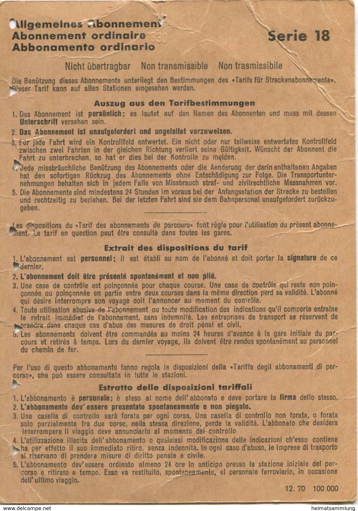 Schweiz - SBB - Allgemeines Abonnement Serie 18 5 Hin- Und Rückfahrten - Laufenburg Zurzach 1973 - Europa