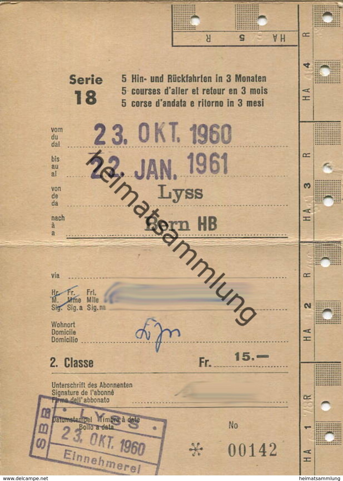 Schweiz - SBB - Allgemeines Abonnement Serie 18 5 Hin- Und Rückfahrten In 3 Monaten - Lyss Bern 1960 - Europe