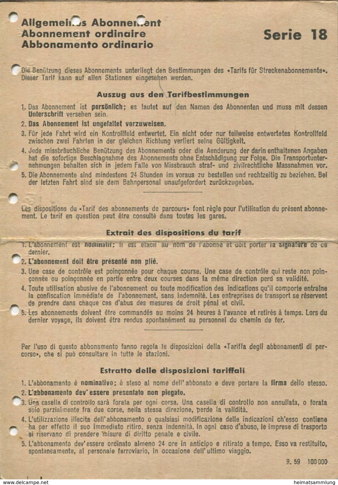 Schweiz - SBB - Allgemeines Abonnement Serie 18 5 Hin- Und Rückfahrten In 3 Monaten - Lyss Bern 1960 - Europe