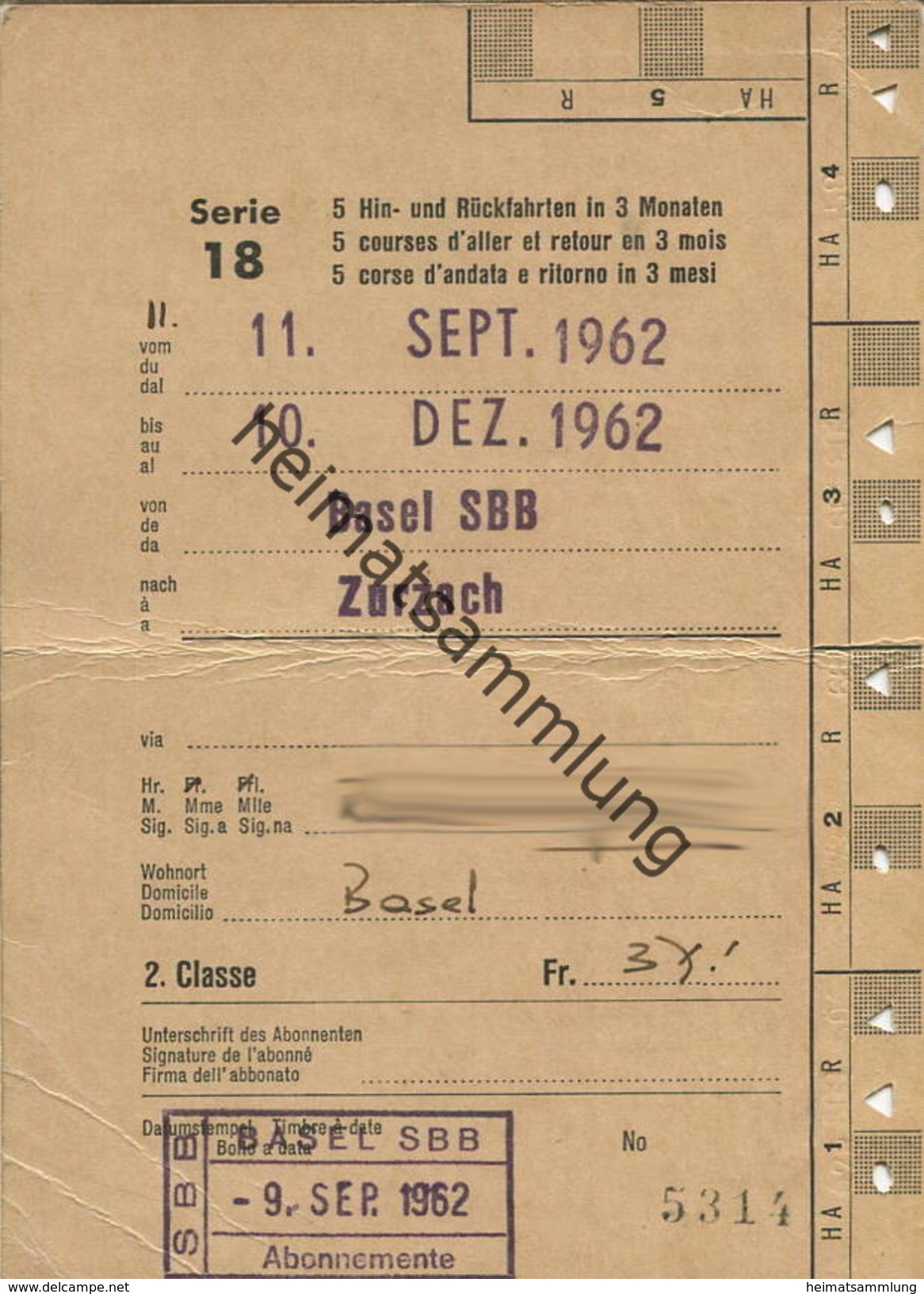 Schweiz - SBB - Allgemeines Abonnement Serie 18 5 Hin- Und Rückfahrten In 3 Monaten - Basel Zurzach 1962 - Europe