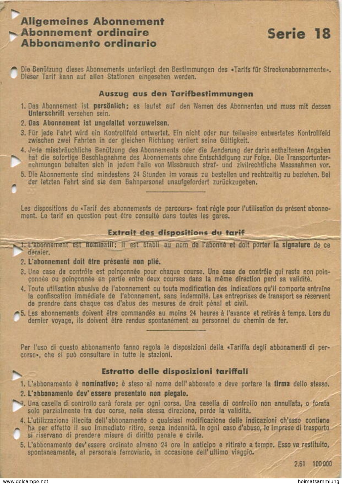 Schweiz - SBB - Allgemeines Abonnement Serie 18 5 Hin- Und Rückfahrten In 3 Monaten - Basel Zurzach 1962 - Europa