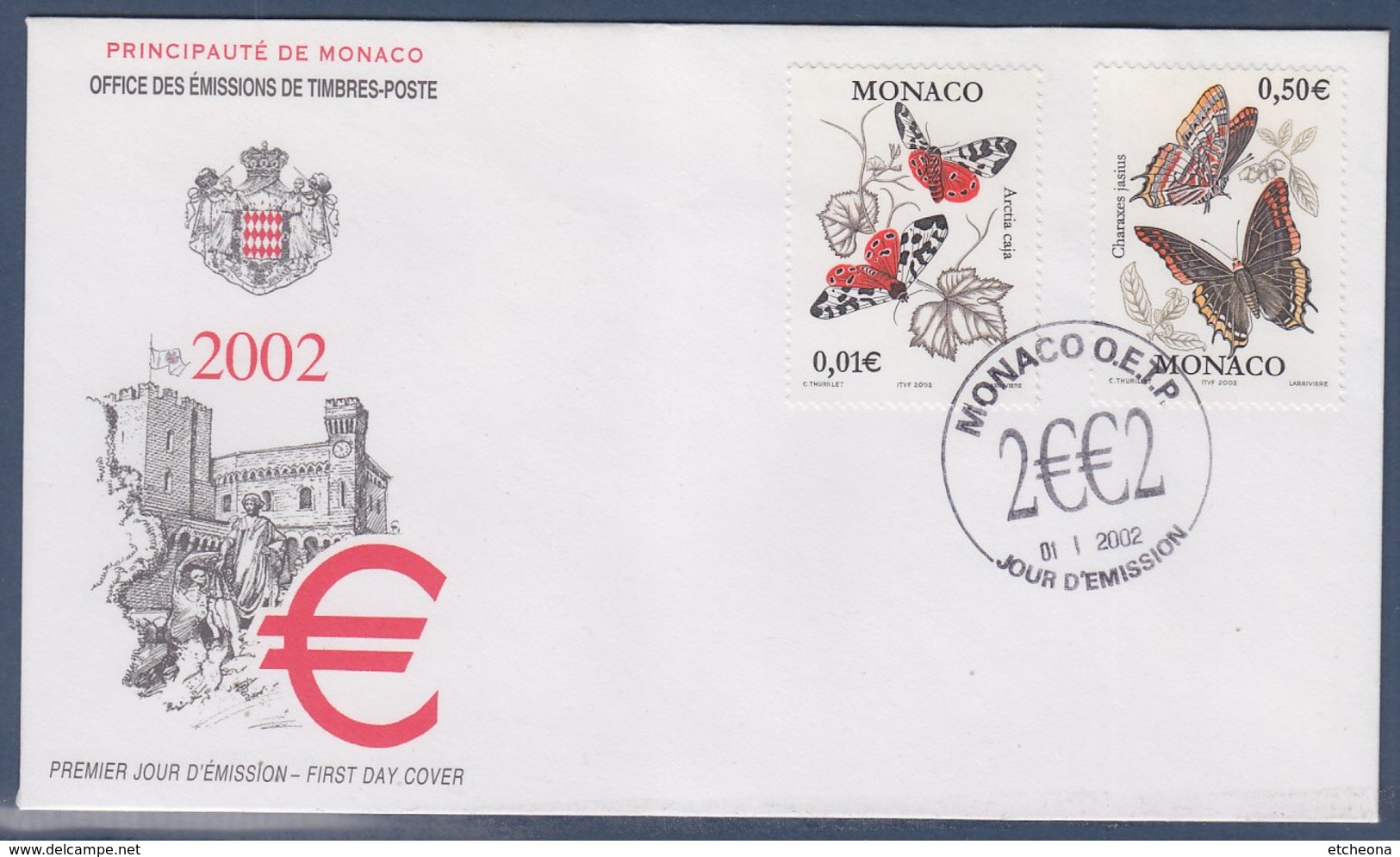 = Série Courante Nature Papillons Charaxes Jasius Et Arctia Caja Enveloppe 1er Jour Monaco N°2323 & 2325 Le 01.I.2002 - FDC