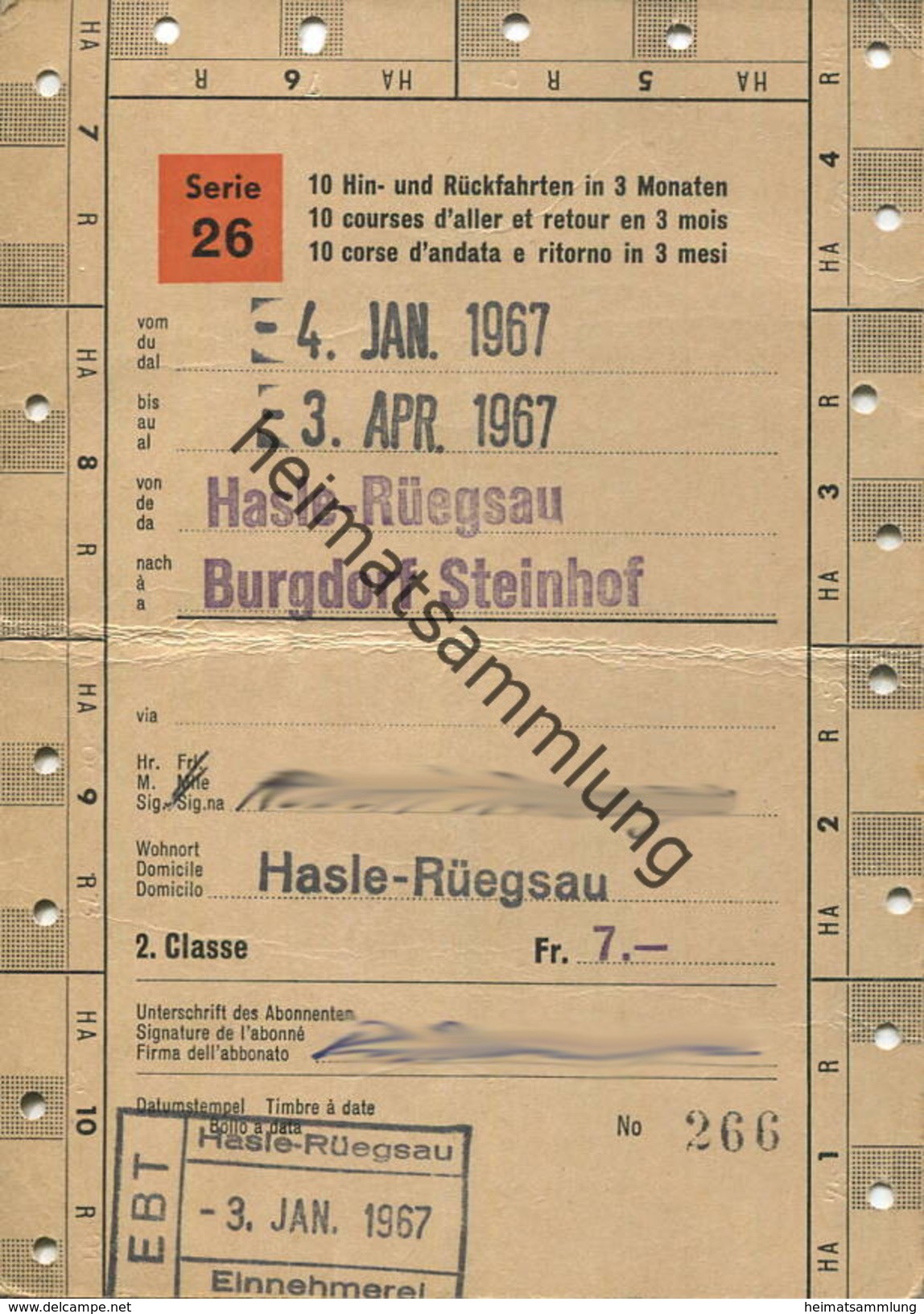 Schweiz - SBB - Schüler- Und Lehrlingsabonnement Serie 26 10 Hin- Und Rückfahrten In 3 Monaten - Hasle-Rüegsau Burgdorf - Europe