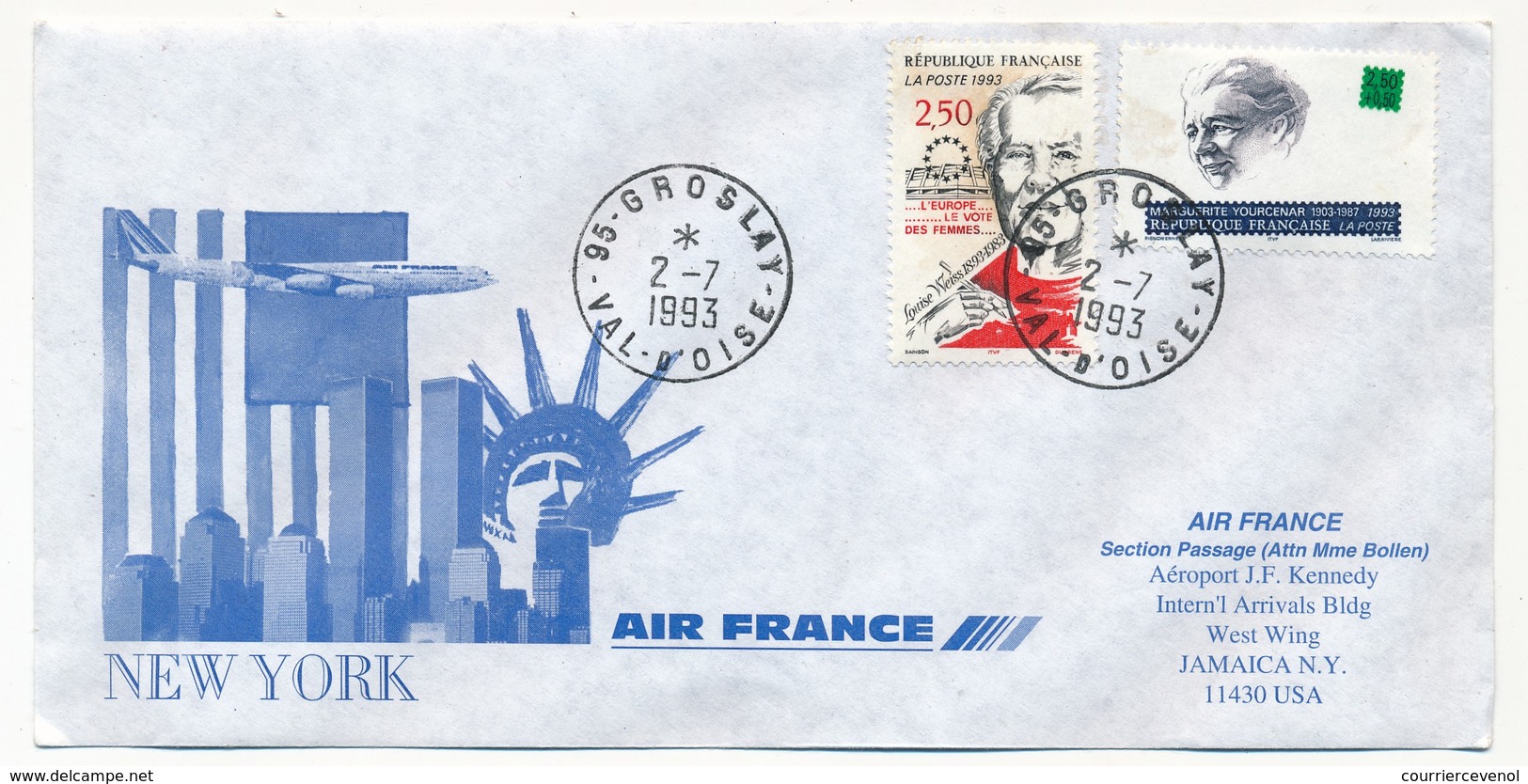 Enveloppe Commémorative -  Paris => New York - 2/7/1993 - Air France - First Flight Covers