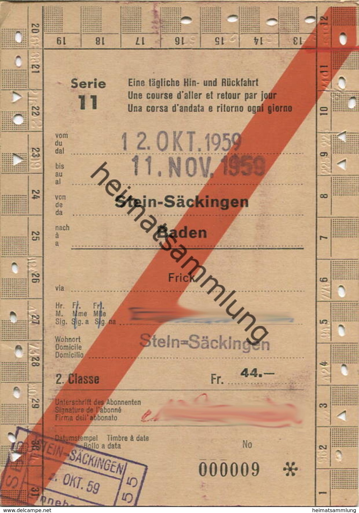 Schweiz - SBB - Allgemeines Abonnement Serie 11 Eine Tägliche Hin- Und Rückfahrt 1959 - Stein-Säckingen Baden - Europa