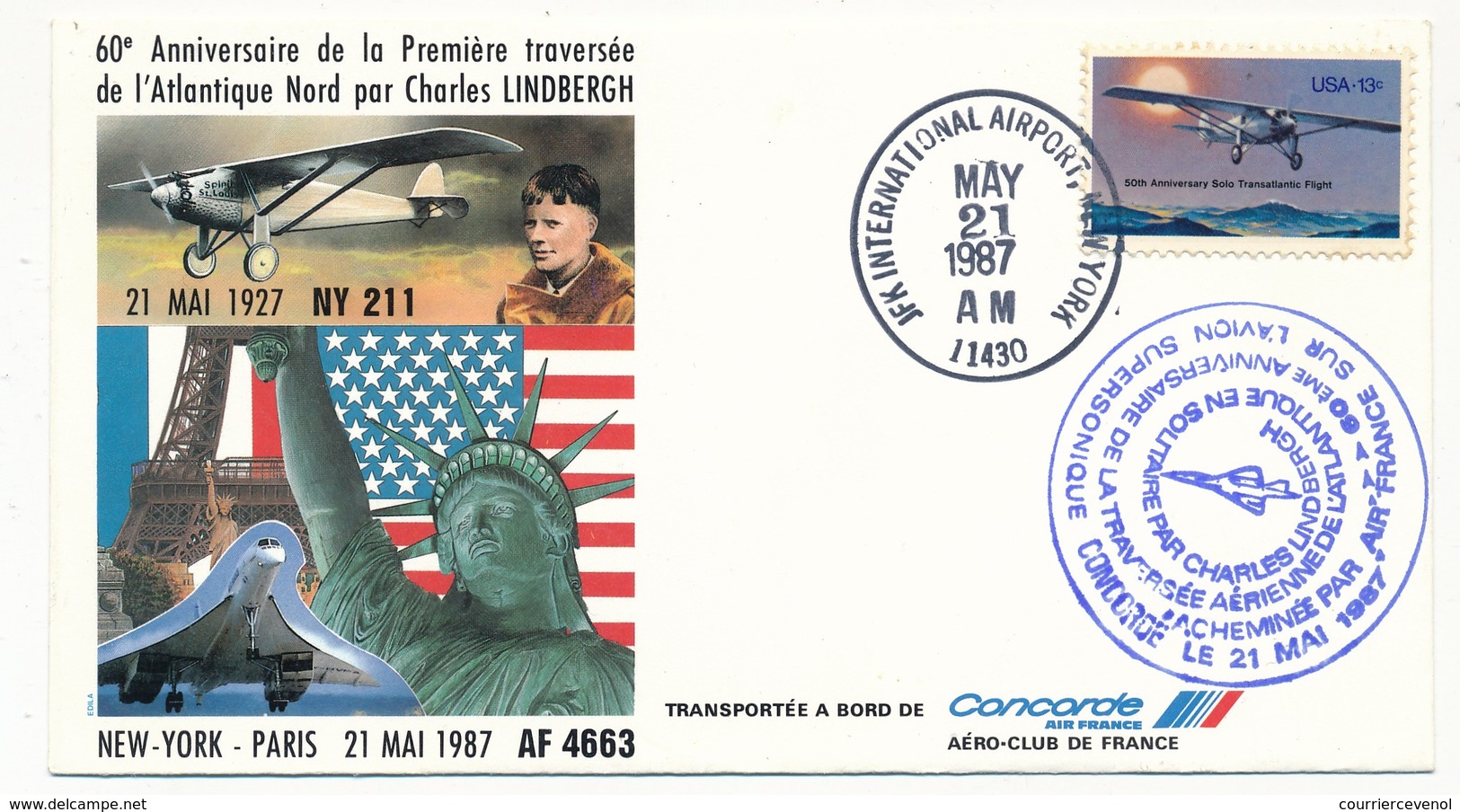 Enveloppe Commémorative -  60eme Anniversaire Traversée De Lindberg - VOL SPECIAL CONCORDE 21/05/1987 - Covers & Documents