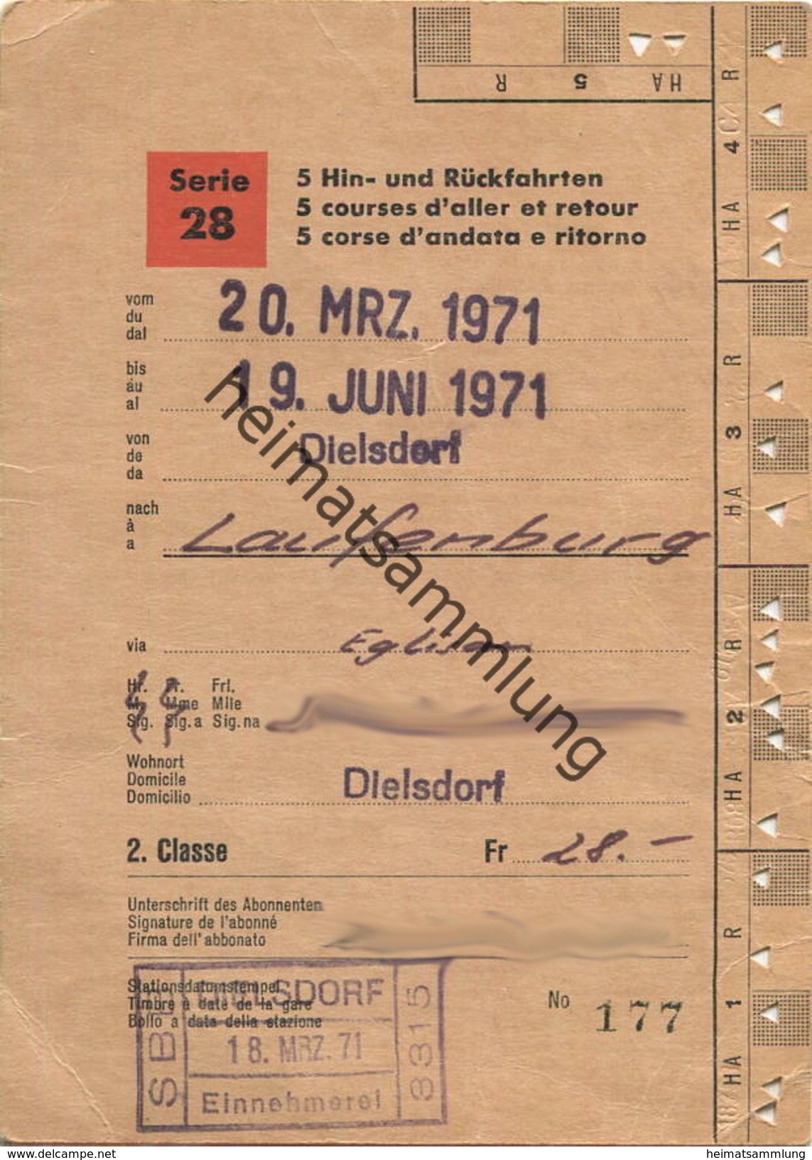 Schweiz - SBB - Schüler- Und Lehrlingsabonnement Serie 28 5 Hin- Und Rückfahrten - Dielstorf Laufenburg 1971 - Europe