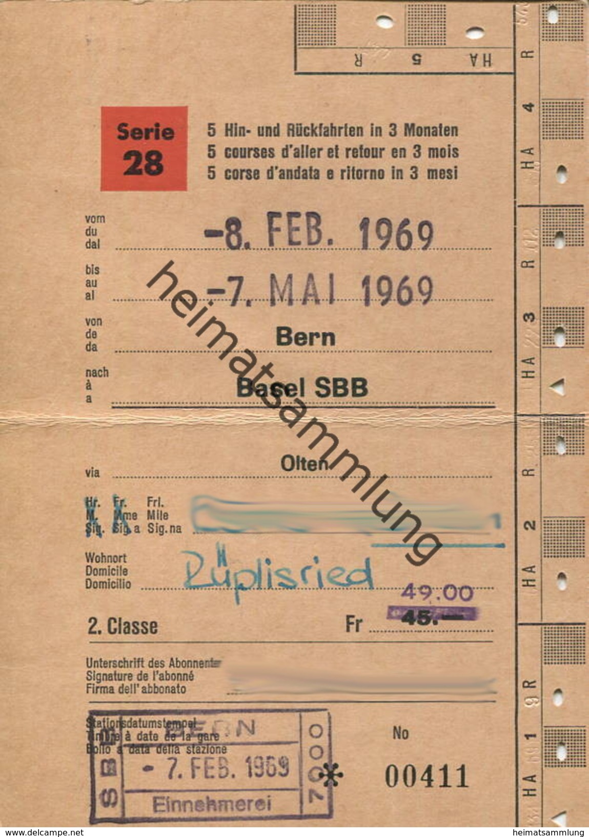 Schweiz - SBB - Schüler- Und Lehrlingsabonnement Serie 28 5 Hin- Und Rückfahrten - Bern Basel 1969 - Europe