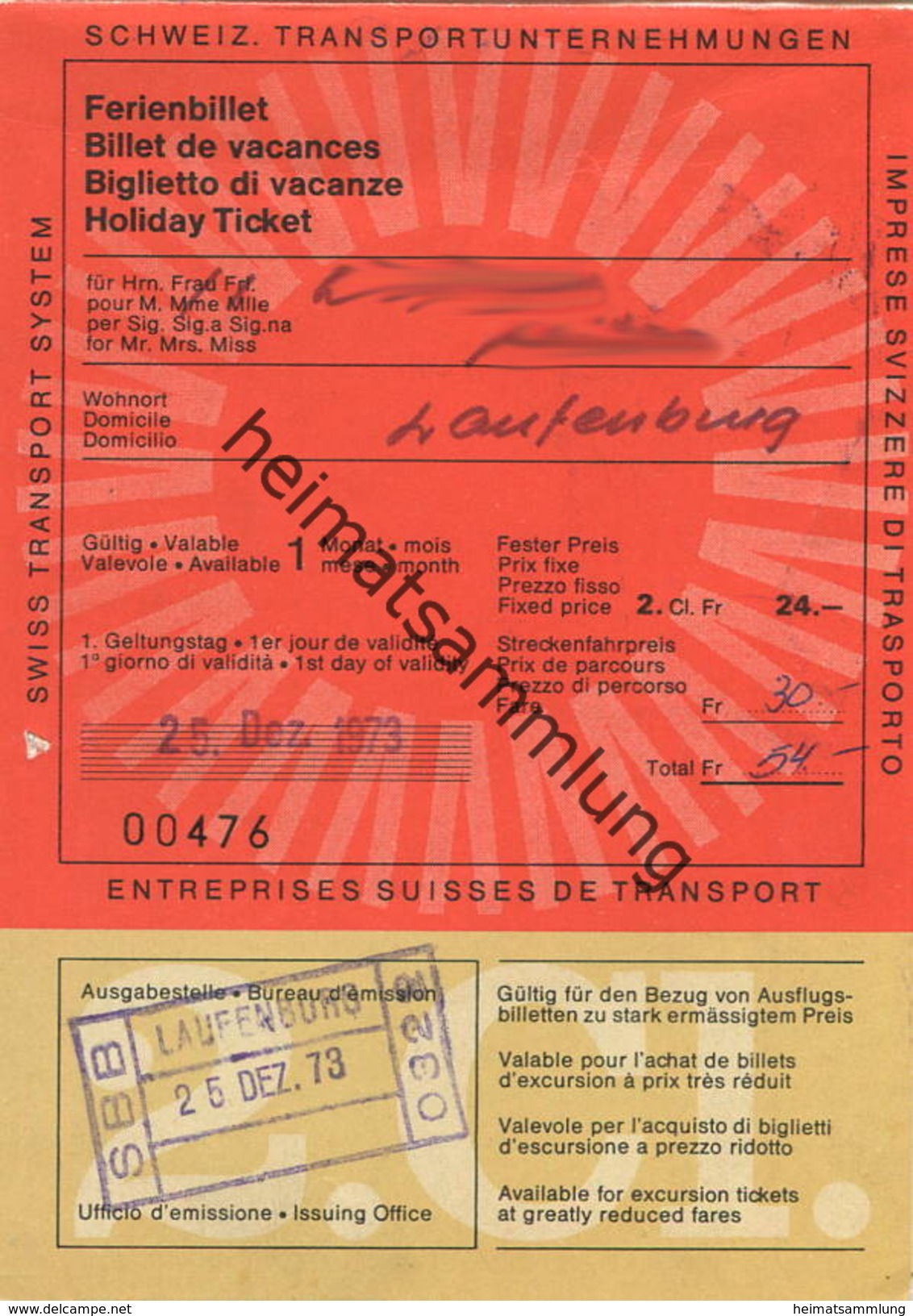 Schweiz - SBB - Ferienbillet 1973 - Europe