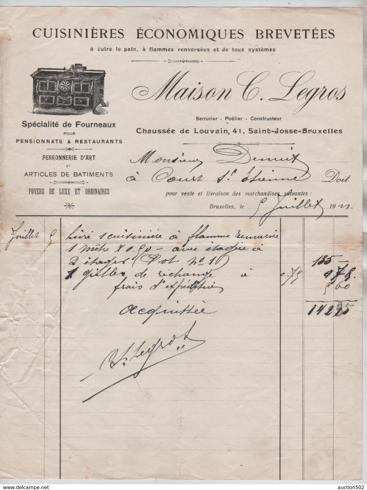 Facture Maison C.Legros Cuisinères écoomiques Brevetées Chaussée De Louvain St-Josse BXL En 1911 PR4426 - 1900 – 1949